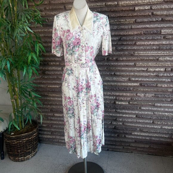 Karin Stevens Vintage 80s Rose Cottage Floral Lace Collar Shirtwaist Dress - Picture 12 of 16